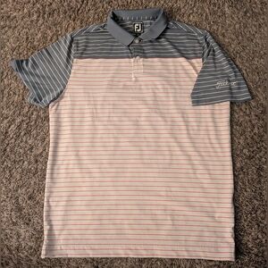 Footjoy Titleist White Grey Red Striped Athletic Fit Polo Shirt Men's L